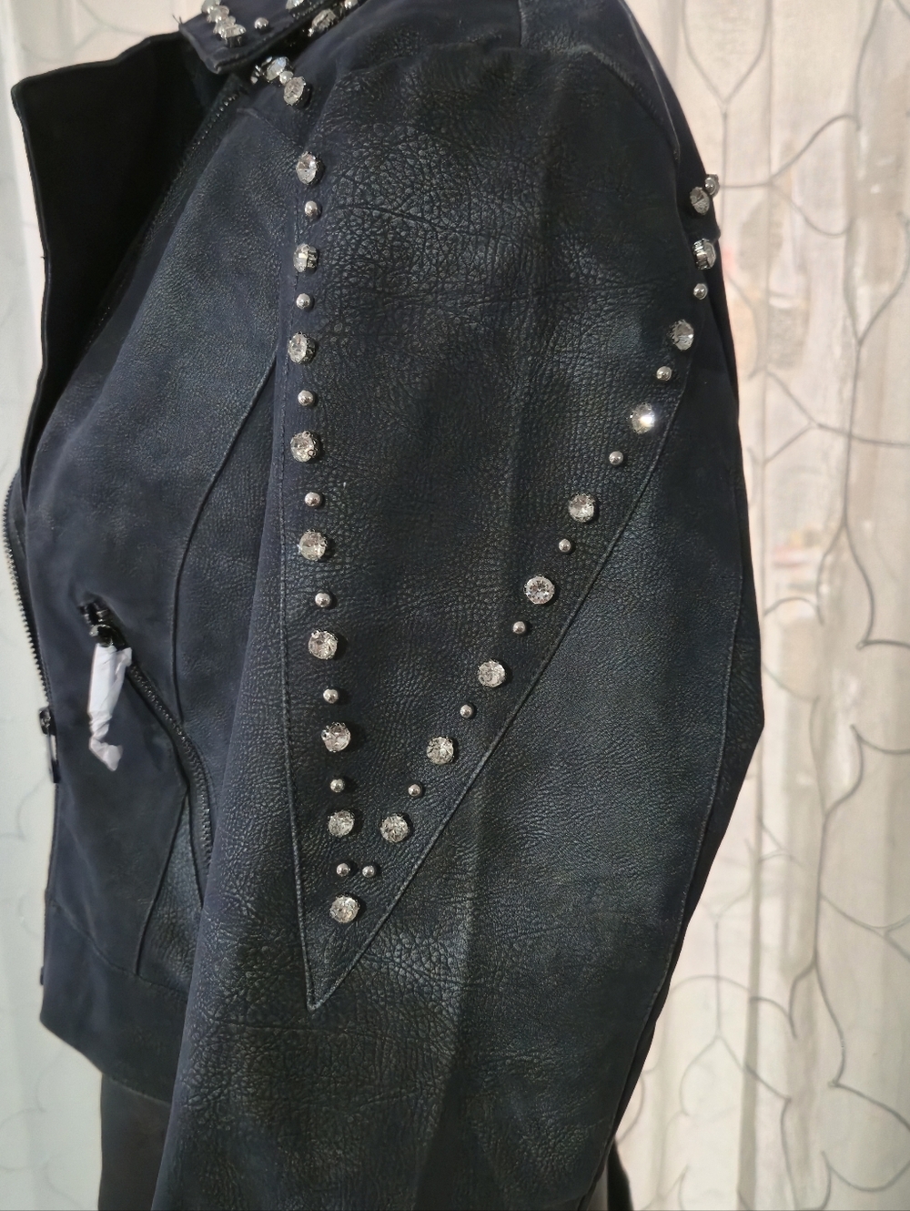 Stud-Trim Faux Leather Moto Jacket in Black - Picture 2 of 7